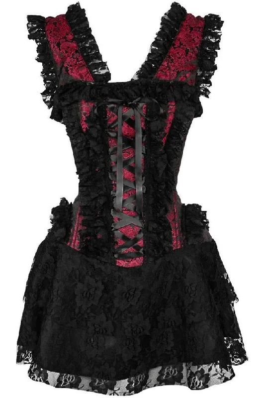 corset for gothic wedding-Top Drawer Steel Boned Red/Black Lace Victorian Corset Dress