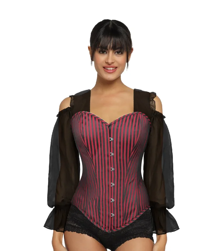 corset with spiral boning-Black Red Strip Brocade Overbust Corset