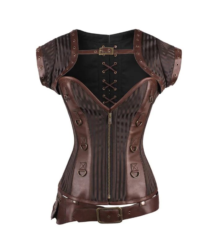 corset top with fringe-Brown Strip Brocade with Steampunk Bolero Jackets