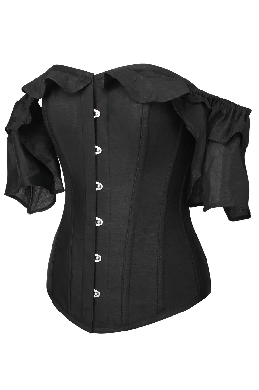 corset top with lace sleeves-Black Satin Corset Top With Waterfall Sleeves