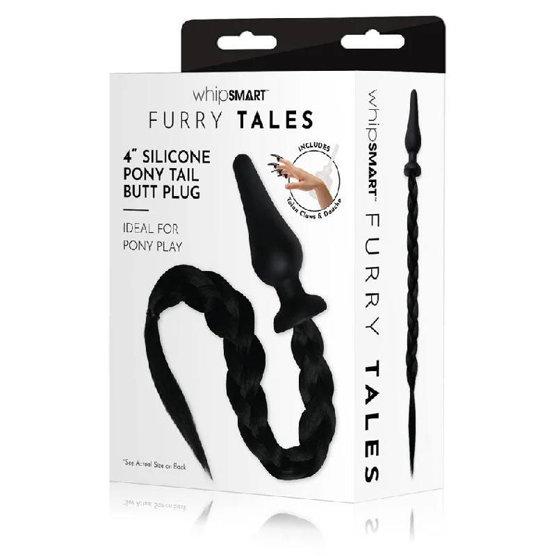 Anal toys with plush feel-Furry Tales 4 Inch Silicone Black Pony Tail Butt Plug