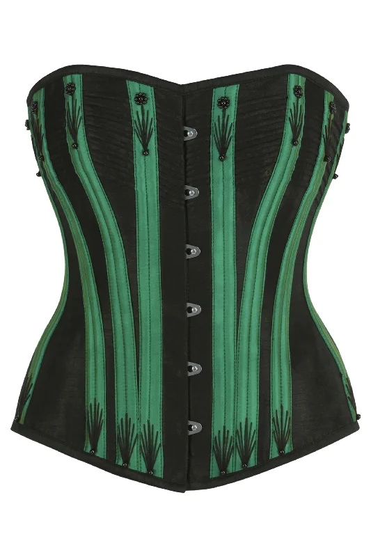 corset with satin finish-Black Overbust Corset with Flossing and Green Boning Channels