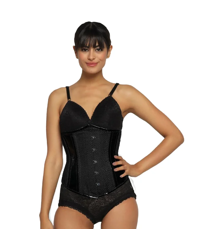 corset dress vintage look-Black Mesh Paneled PVC Underbust Corset