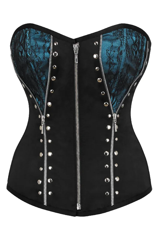 corset dress for prom night-Turquoise and Black Overbust Corset with Zips