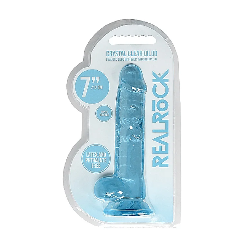 thin wireless dildo-RealRock Crystal Clear Realistic 7 in. Dildo With Balls and Suction Cup Blue