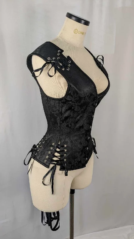 corset for vintage wedding-Black Brocade Androgynous Low Curve Corset Vest