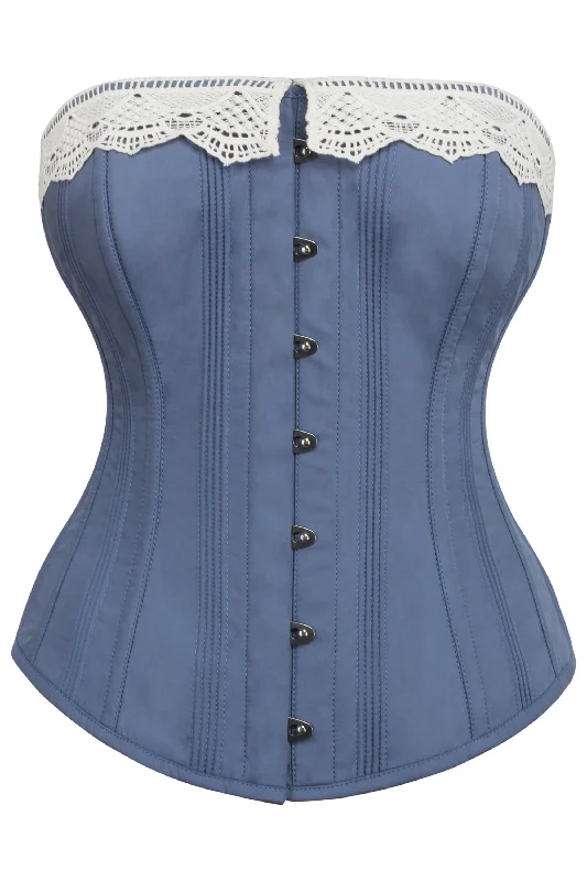 corset dress plus size-Historically Inspired Blue Longline Corset with Lace Trim