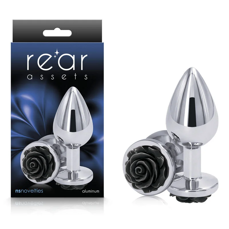 Anal toys for playful moments-Rear Assets Rose - Medium - Chrome 8.9 cm Metal Butt Plug with Black Rose Base