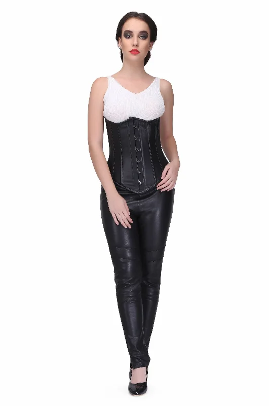 corset dress blush velvet-Black leather Steel Boned Waist Reducing Underbust Corset