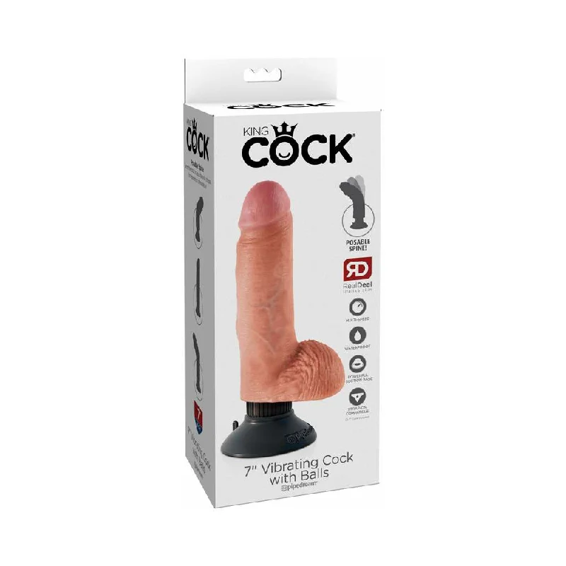 realistic USB-charged dildo-King Cock 7 in. Vibrating Cock With Balls Poseable Suction Cup Dildo Beige