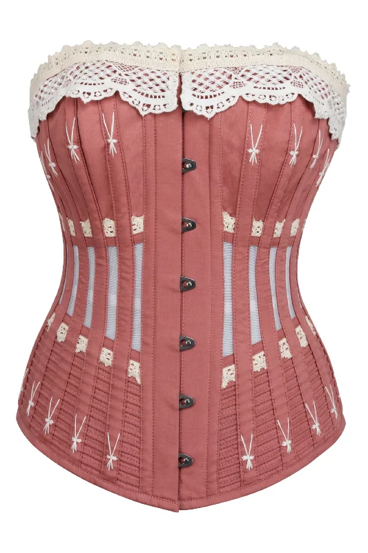 corset top navy blue-Historically Inspired Terracotta Longline Corset with Lace and Ribbing