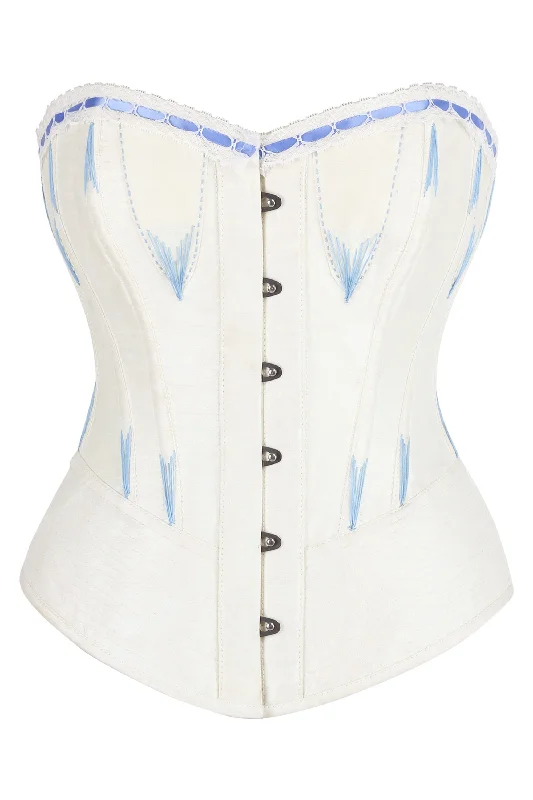 corset dress medieval theme-White Overbust Corset with Blue Decorative Flossing