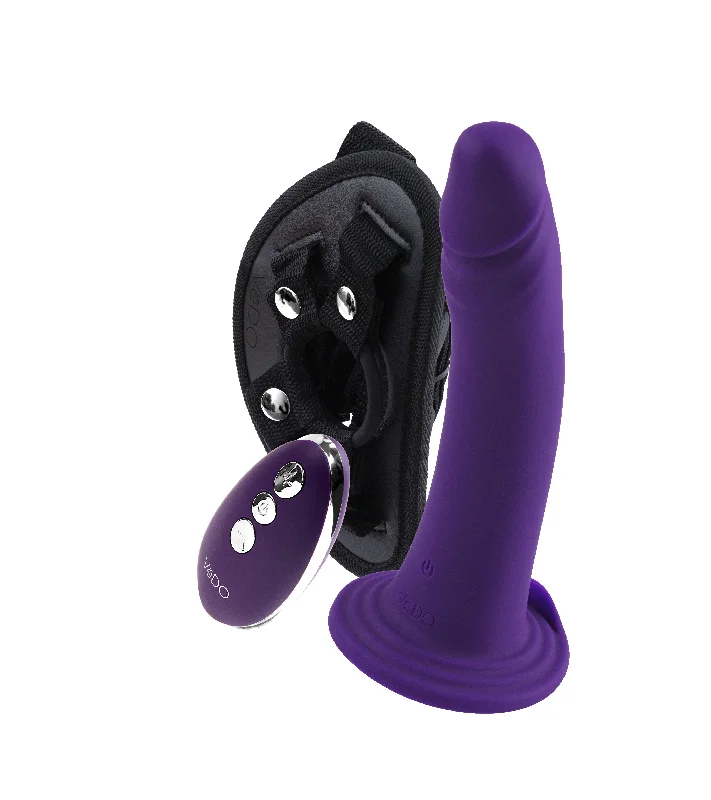 gold metal dildo-Diki Rechargeable Vibrating Dildo With Harness - Deep Purple