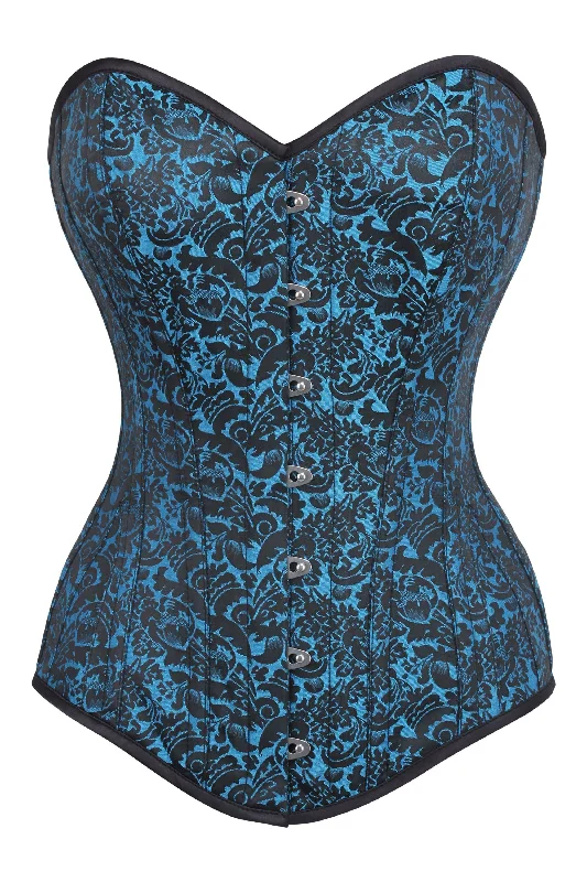 corset with metal clasps-Long Turquoise Brocade Pattern Corset With Hip Gores