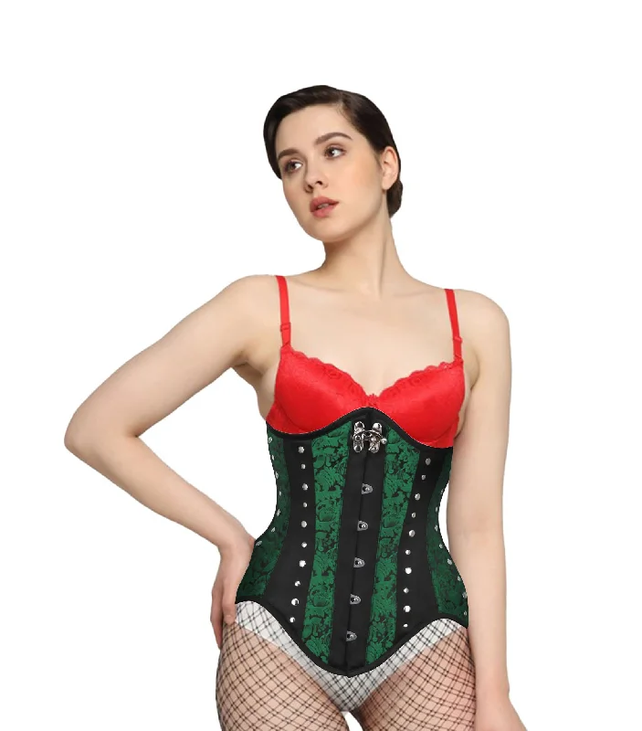 corset top with buckles-Green Brocade Black Satin Waist Reducing  Underbust Corset