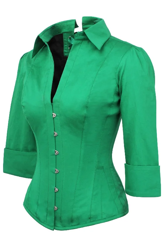 corset top with satin straps-Emerald Green Cotton Corset Shirt