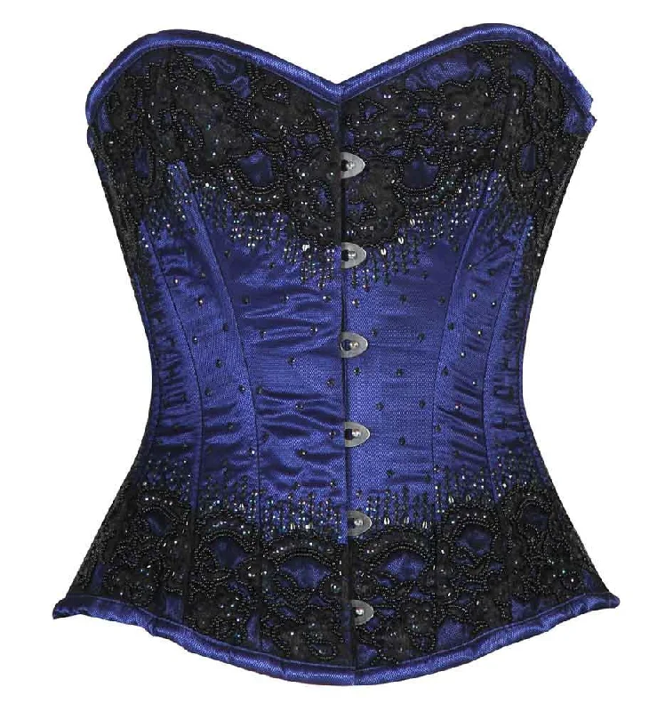 corset top with lace trim-Bule/Black Embroidery Overbust corset