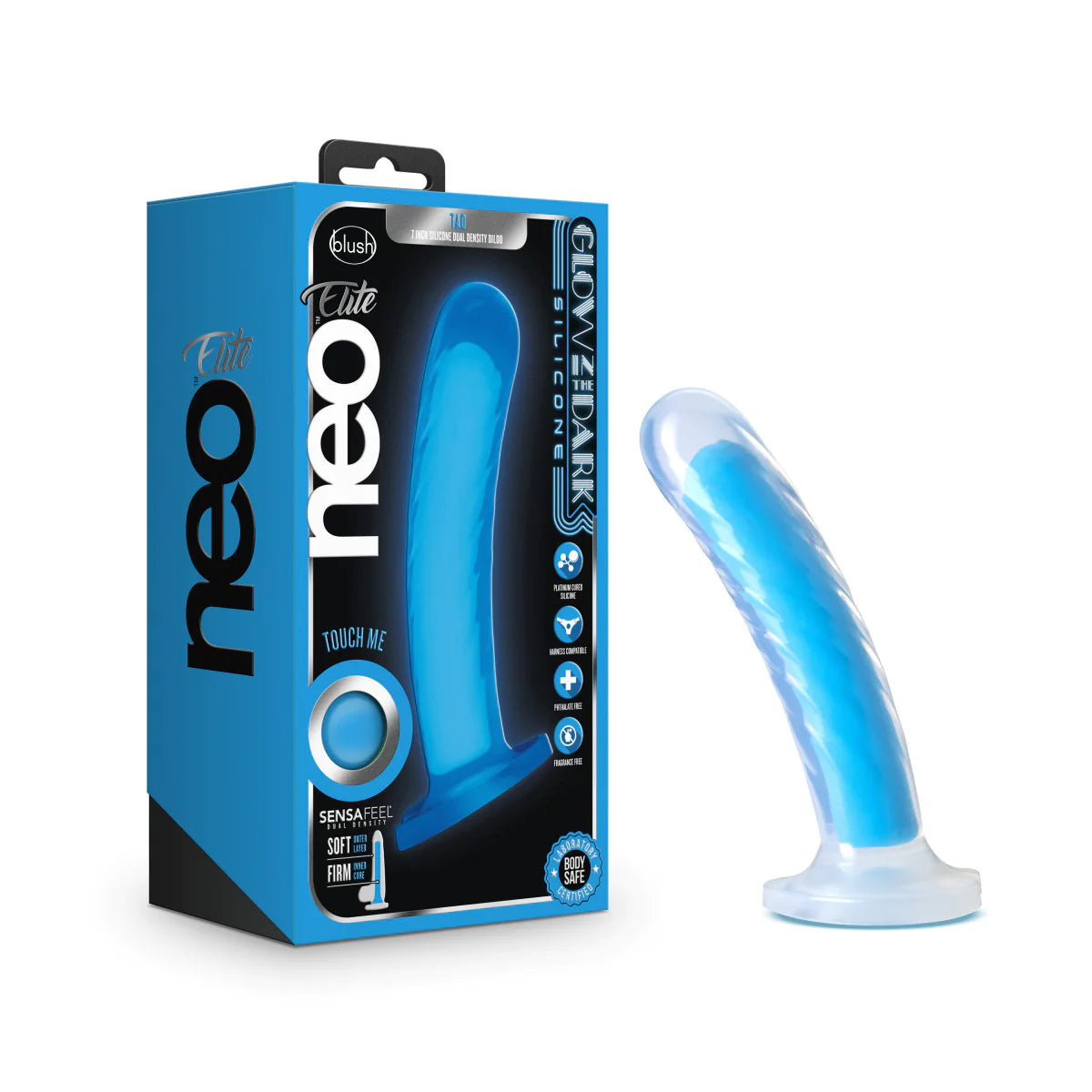 purple lifelike dildo-Neo Elite Tao Glow In The Dark Neon Blue 7-Inch Long Dildo