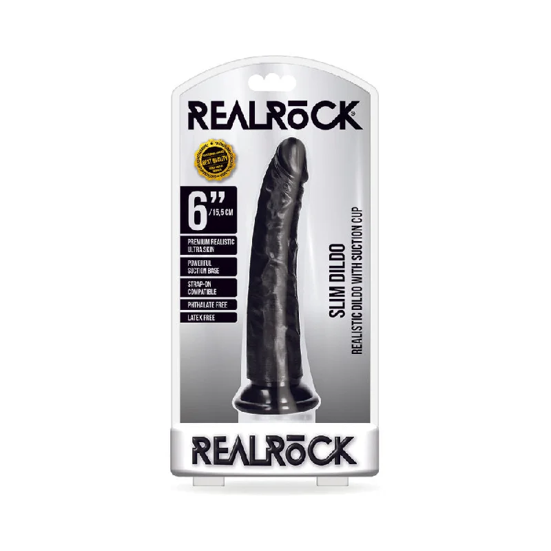 textured rechargeable dildo-RealRock Realistic 6 in. Slim Dildo With Suction Cup Black