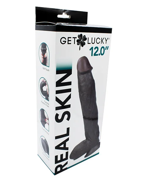 textured large dildo-Get Lucky 12" Real Skin Series - Dark Brown