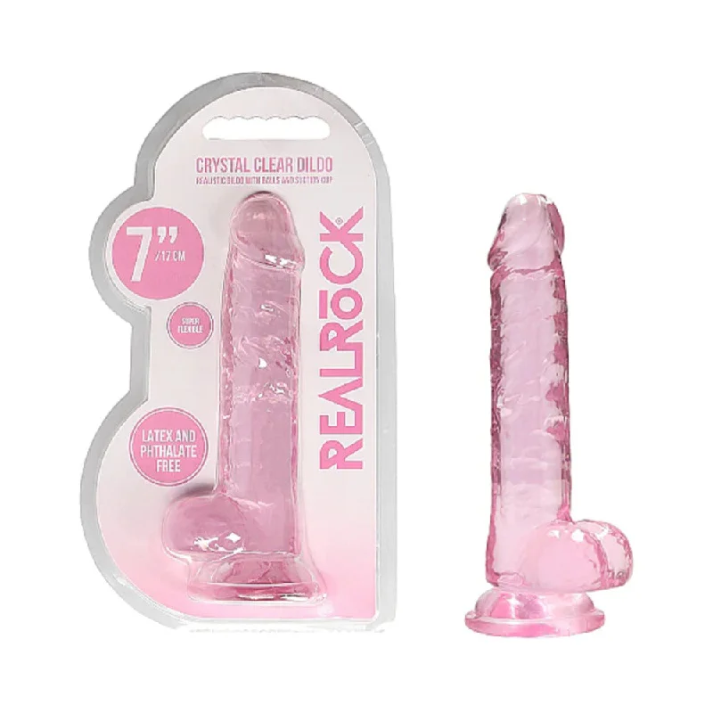 red advanced dildo-RealRock Crystal Clear Realistic 7 in. Dildo With Balls and Suction Cup Pink