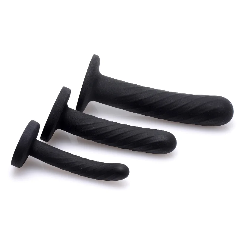 smooth glass dildo-Trinity Strap-on Silicone 3 Piece Dildo Set - Black