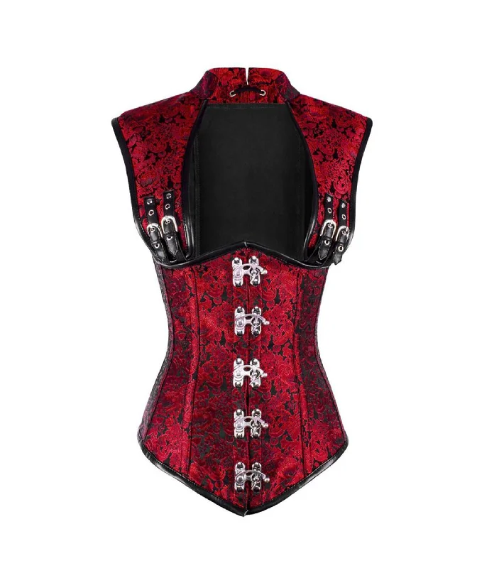 corset dress with tulle-Red Brocade & Black Faux Leather Gothic Underbust Corset