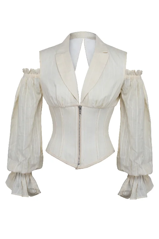 corset for gothic style-Ivory Corset Top with Front Zip and Long Sleeves