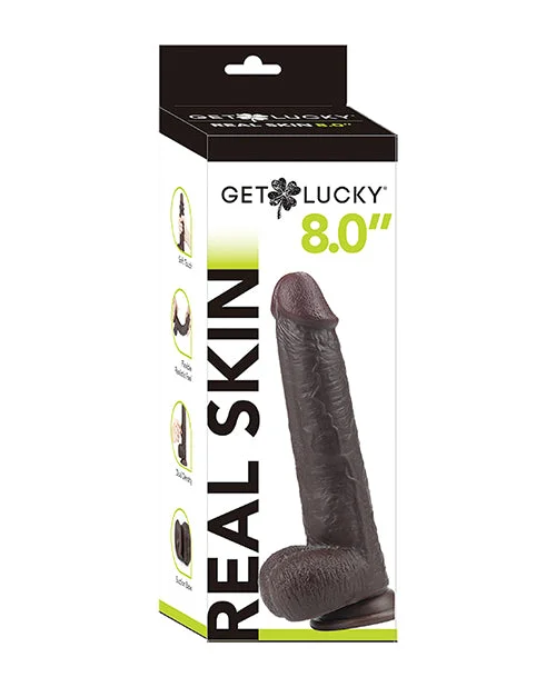 pink extra-long dildo-Get Lucky 8.0" Real Skin Series - Dark Brown