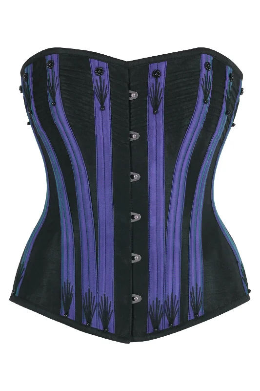 corset top green velvet-Black Overbust Corset with Purple Boning Channels and Flossing