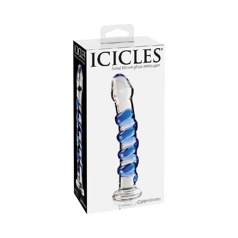 silicone pink dildo-Icicles No. 5 Curved Ribbed 7 in. Glass Dildo Blue/Clear