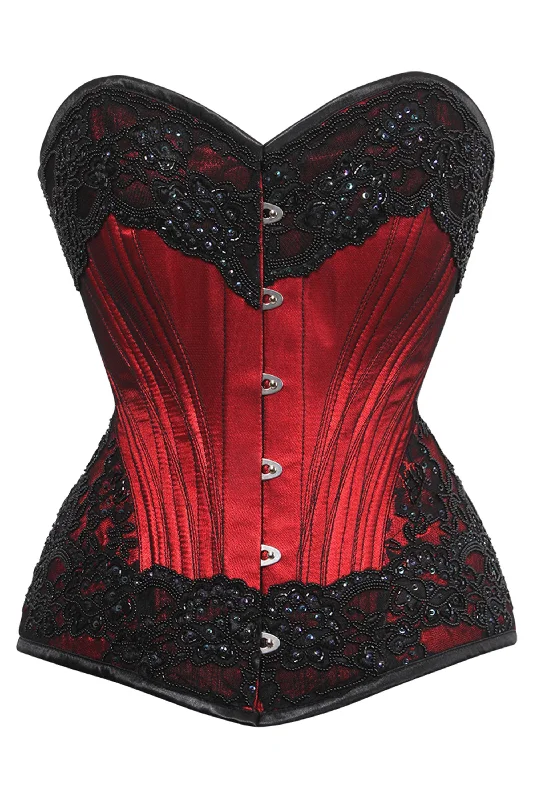 corset top dark red-Red and Black Couture Overbust Corset with Lace Overlay