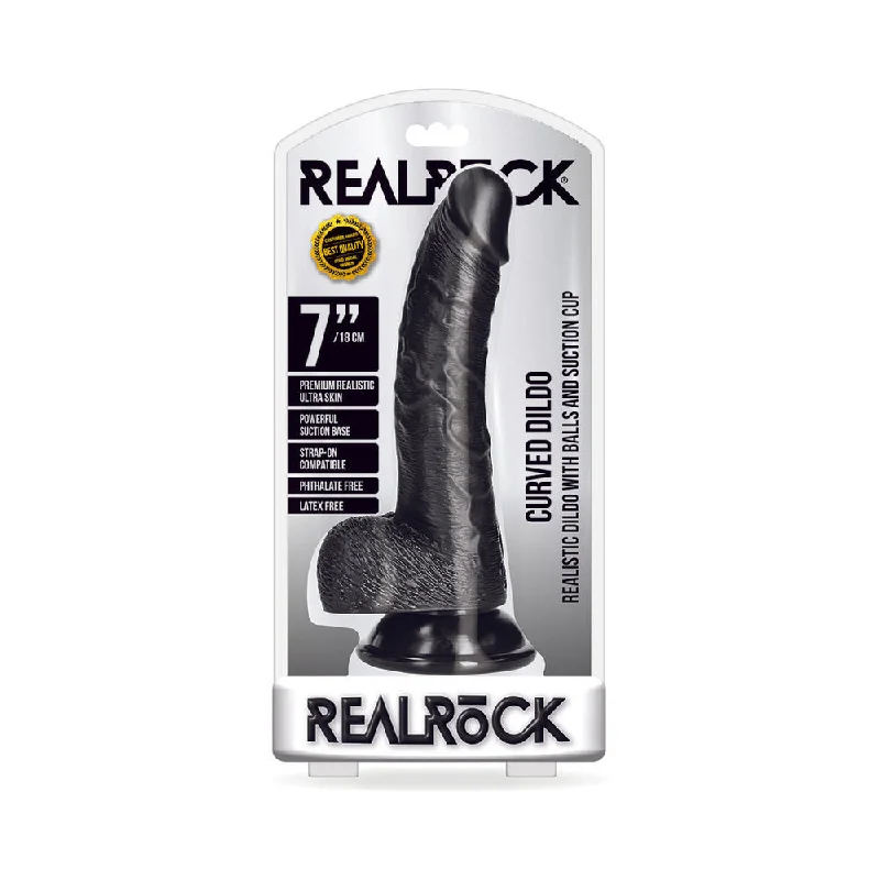 silicone blue dildo-RealRock Realistic 7 in. Curved Dildo With Balls and Suction Cup Black