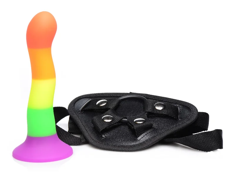 curved metal dildo-Proud Rainbow Silicone Dildo With Harness