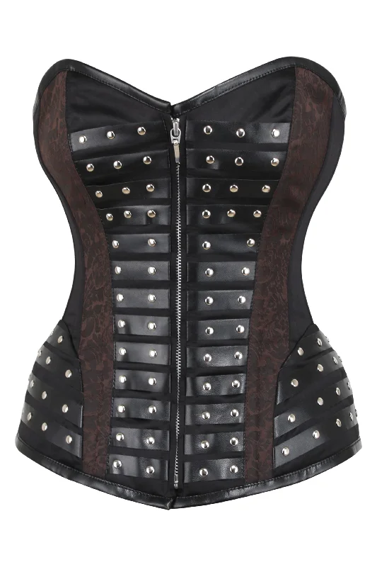 corset for hourglass figure-Black Studded Overbust with Brown Brocade Panels