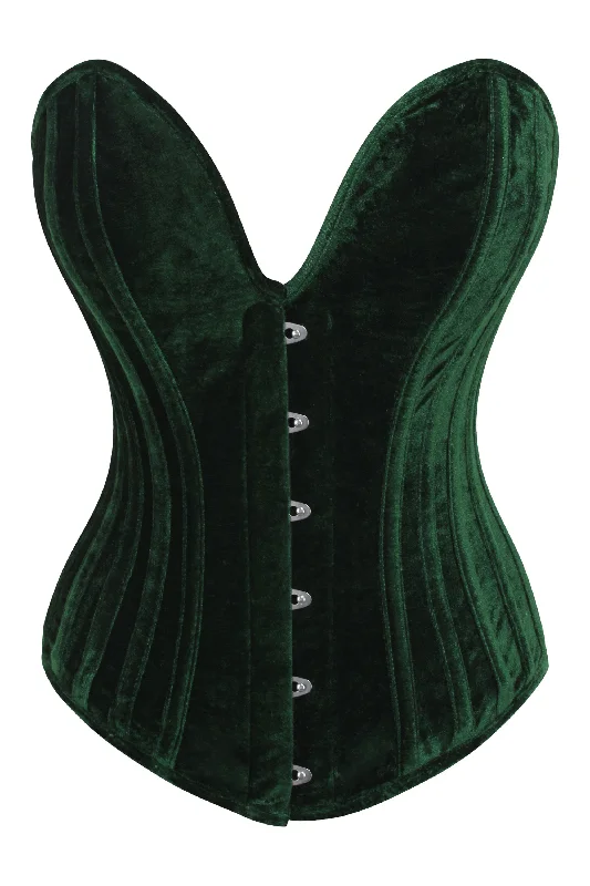 corset with crisscross straps-Dark Green Velvet Overbust Corset with Plunge Neckline