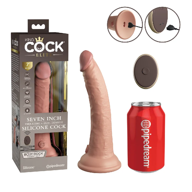 silicone glow-in-the-dark dildo-Pipedream King Cock Elite 7 inch Vibrating + Dual Density Silicone Dildo with Wireless Remote Control Flesh