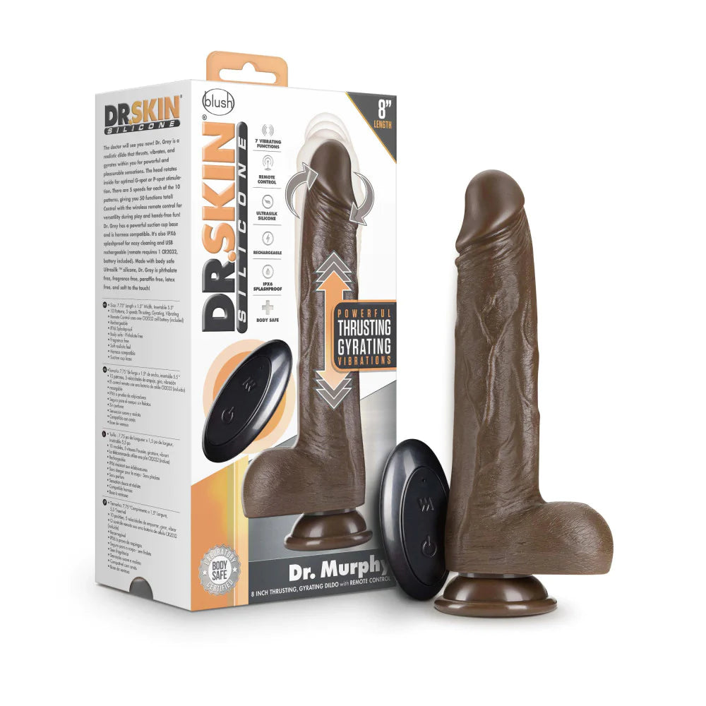 glass battery-powered dildo-Dr. Skin Silicone Dr. Murphy Realistic Chocolate 8.75-Inch Thrusting & Vibrating Dildo