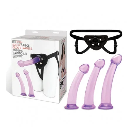 thin silicone dildo-Lux Fetish Size Up 3-Piece Dildo & Harness Pegging Training Set