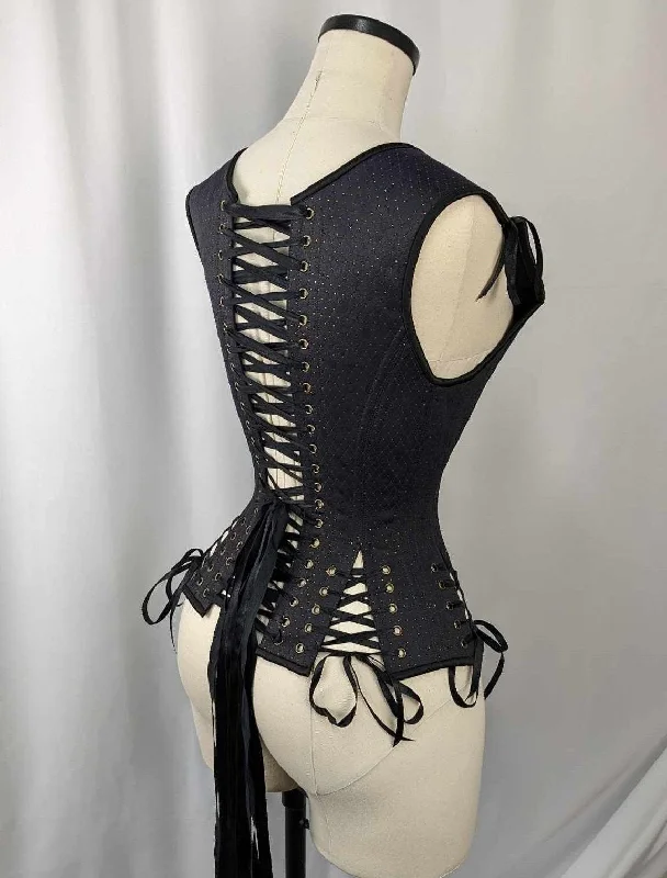 corset for retro outfit-Navy, Black, and Gold Androgynous Low Curve Corset Vest