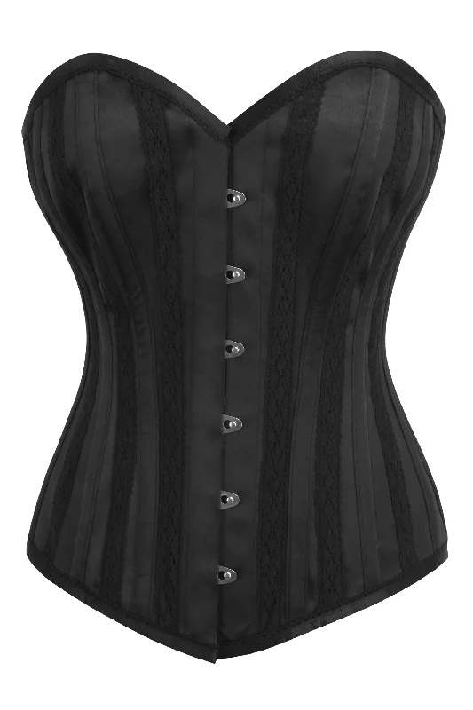 corset top with embroidery-Black Satin Overbust Corset with Embroidered channels