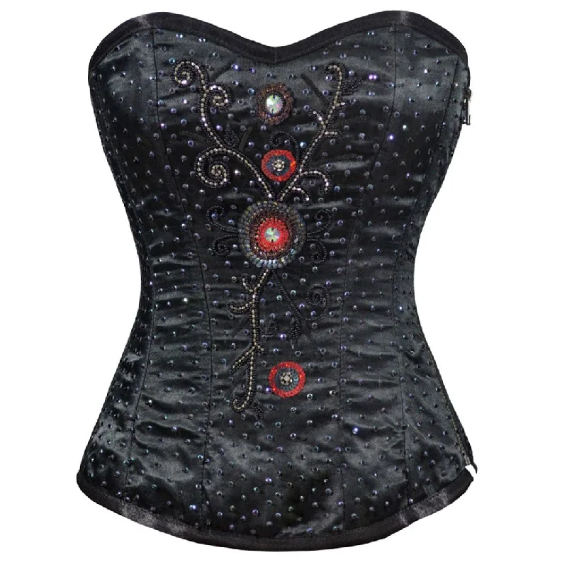 corset with lace straps-Ruby Front Close Sequined Overbust Corset