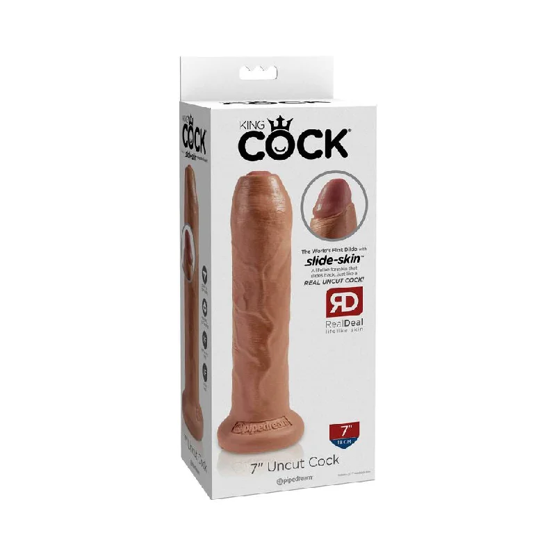 thick battery-powered dildo-King Cock 7 in. Uncut Cock Realistic Dildo With Moveable Foreskin & Suction Cup Tan