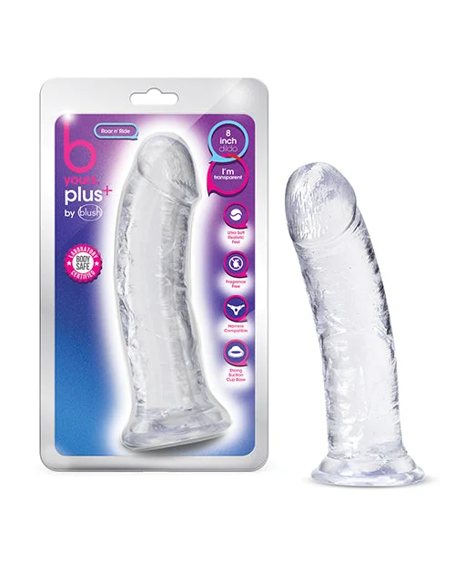 curved waterproof dildo-Blush B Yours Plus 8" Roar n Ride Dildo - Clear