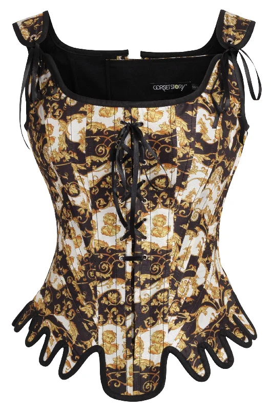 corset for everyday wear-Historically Inspired Black and Gold Corset with Roman-Italian Style Print