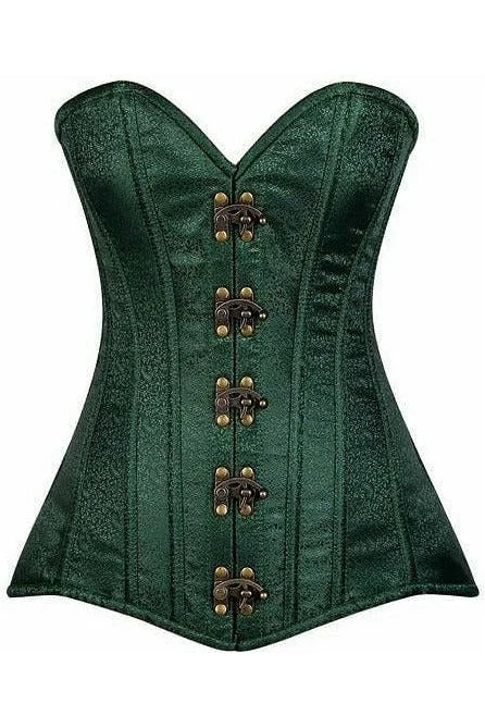 corset with leather trim-Top Drawer Dark Green Brocade Steel Boned Corset w/Clasp Closure