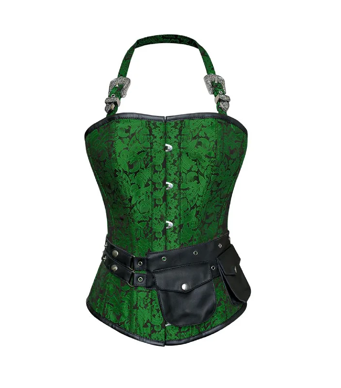 corset dress for photoshoot-Green Brocade Waist Reducing  Overbust Corsets