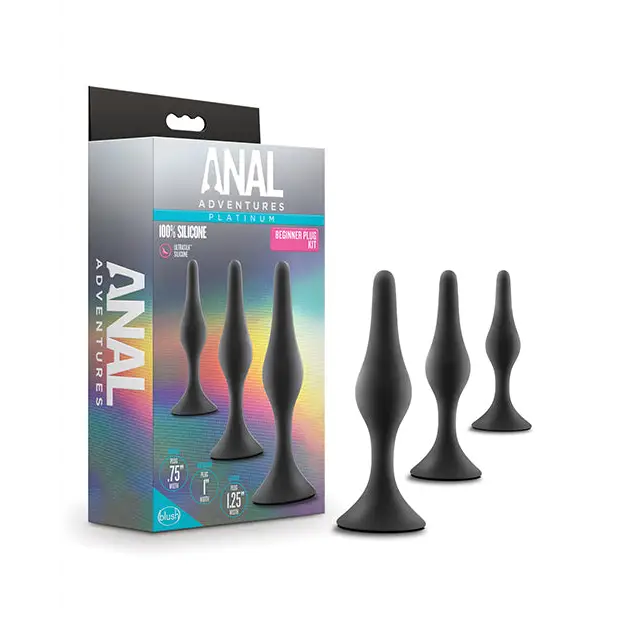 Anal toys with angled tip-Blush Anal Adventures Platinum Silicone 3-Piece Beginner Plug Kit