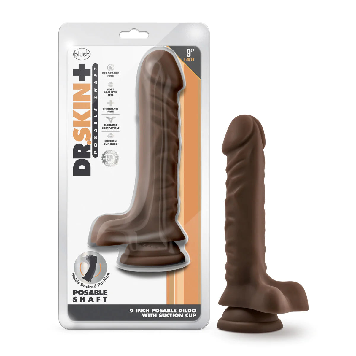 thin custom dildo-Dr. Skin Plus Posable Dildo with Balls 9in - Chocolate