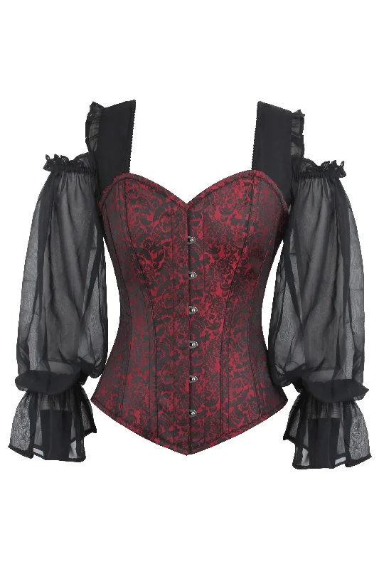 corset top dusty rose-Red and Black Brocade Corset Top with Long Chiffon Sleeves